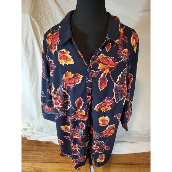 Catherines Blue Short Sleeve Top w Multicolor Leaves 1X Blouse - Picture 1 of 6